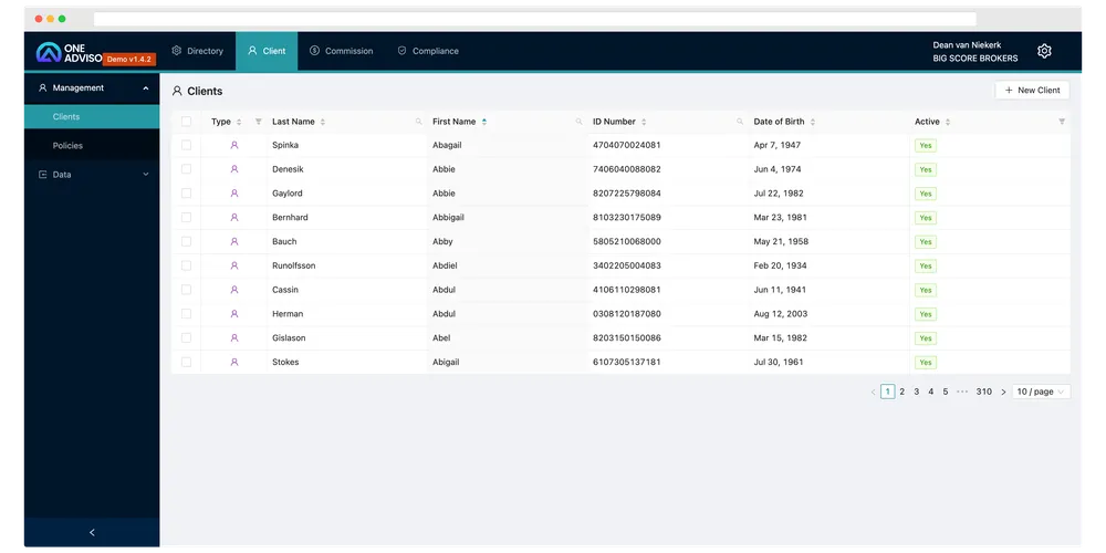 The One Advisor client module showing a client record