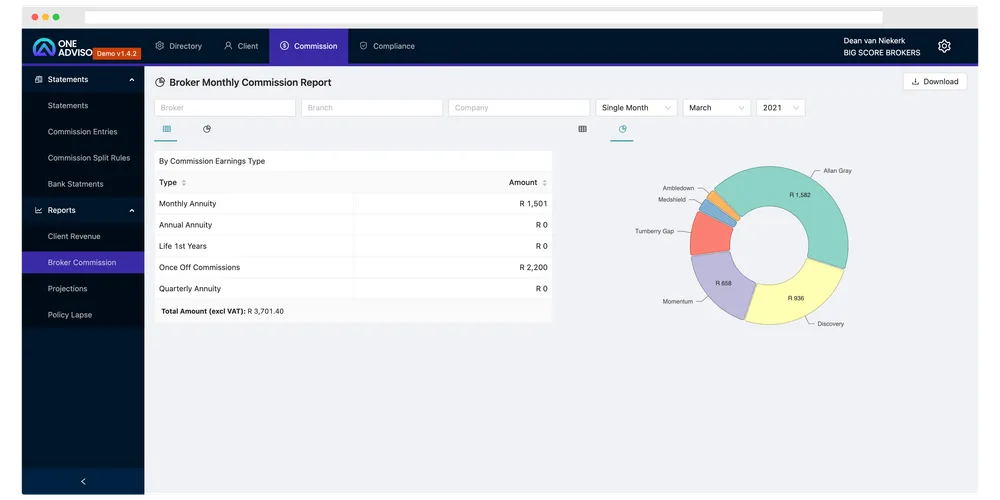 The One Advisor commission module showing a commission statement