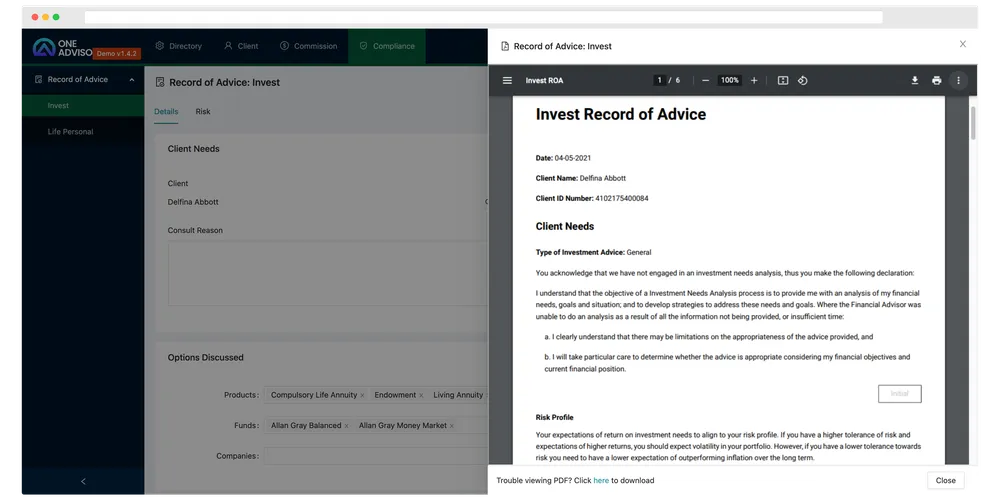 The One Advisor compliance module showing a screening record