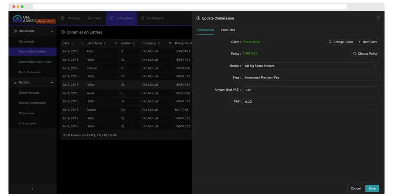 One Advisor in the dark theme