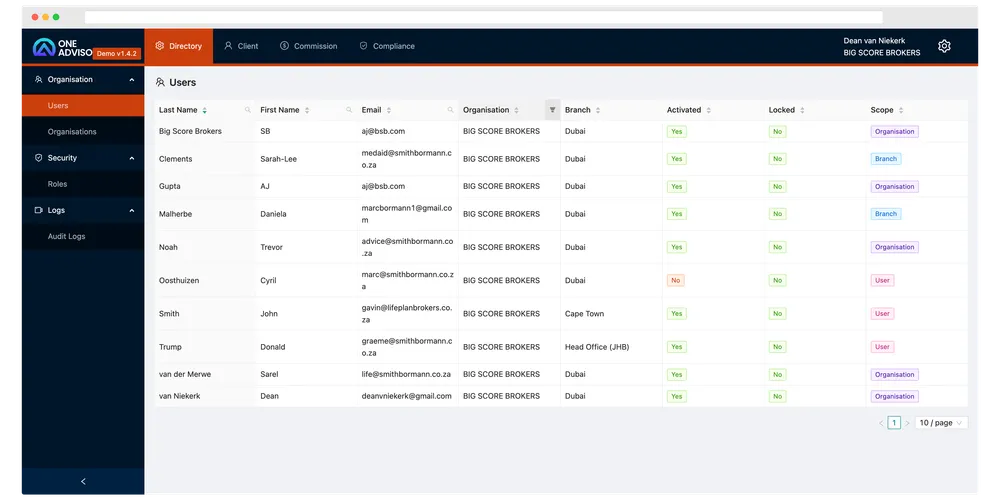 The One Advisor directory module showing the user list